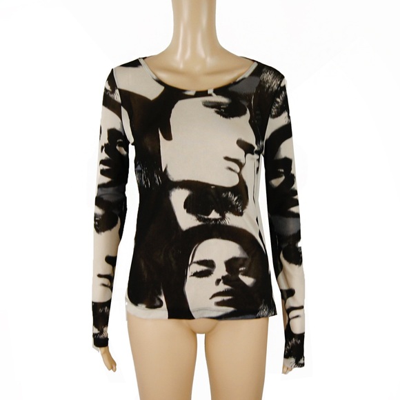 Vintage 90s Y2K Digital Face Collage Print Semi Sheer Mesh Long Sleeve Top - Picture 3 of 6